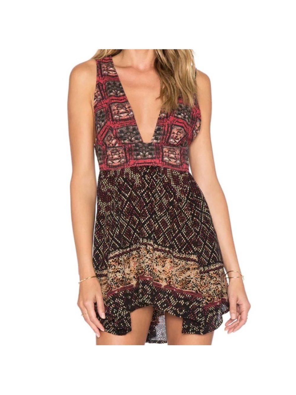 Free People Multi-Color Deep V Mini Dress